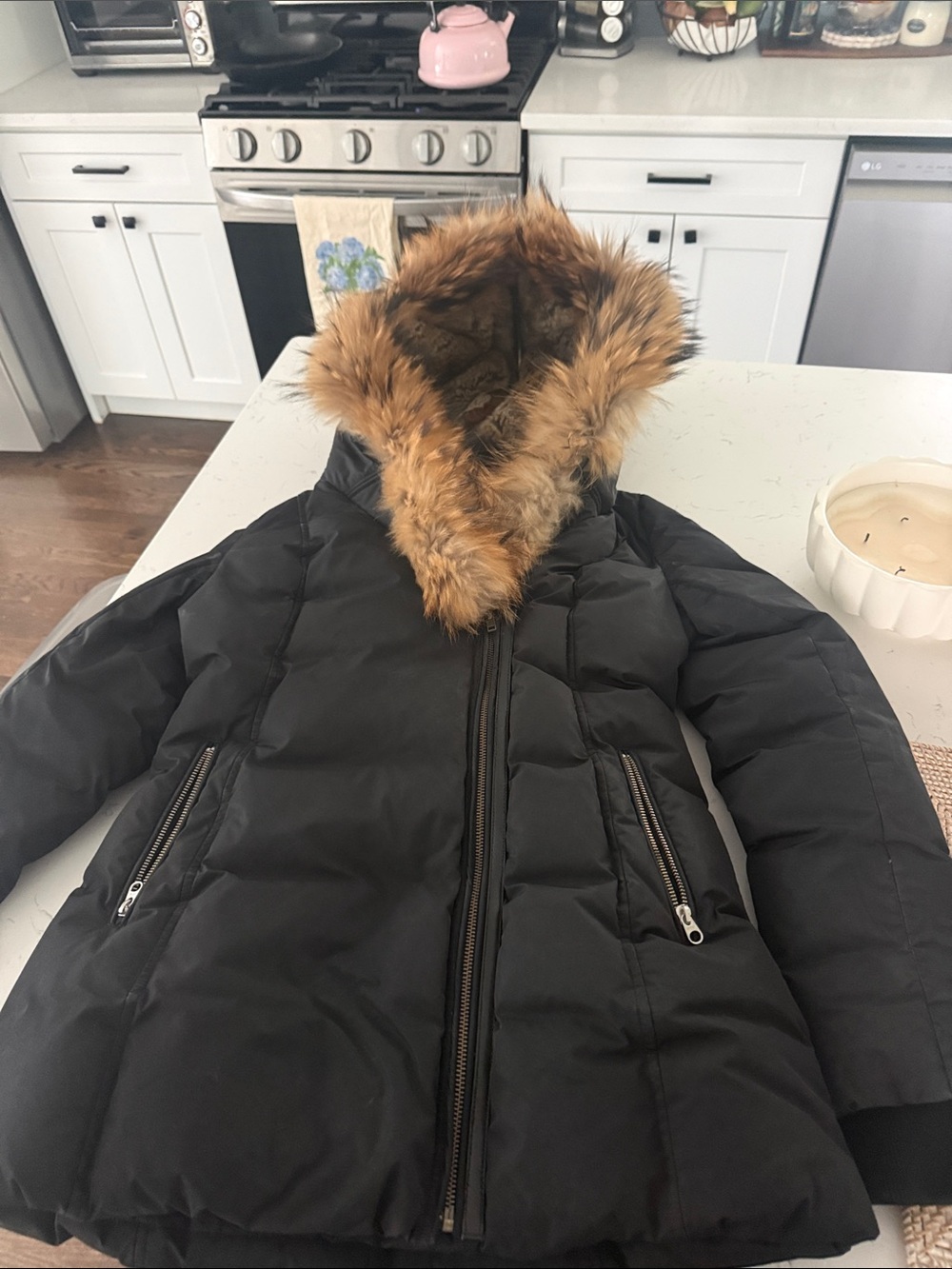 Mackage Black Puffer Jacket with Brown Fur Trim Hood